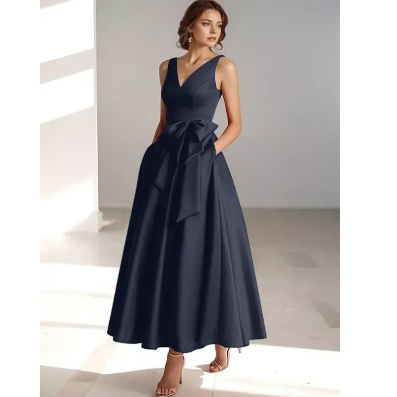 Stylish A-line V-neck pleated midi dress for women, ideal for spring parties.