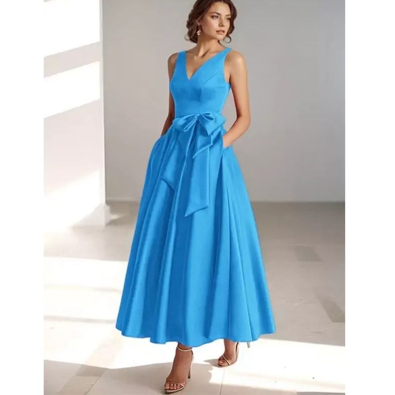 Women's elegant V-neck pleated midi dress, great for race day fashion & occasions.