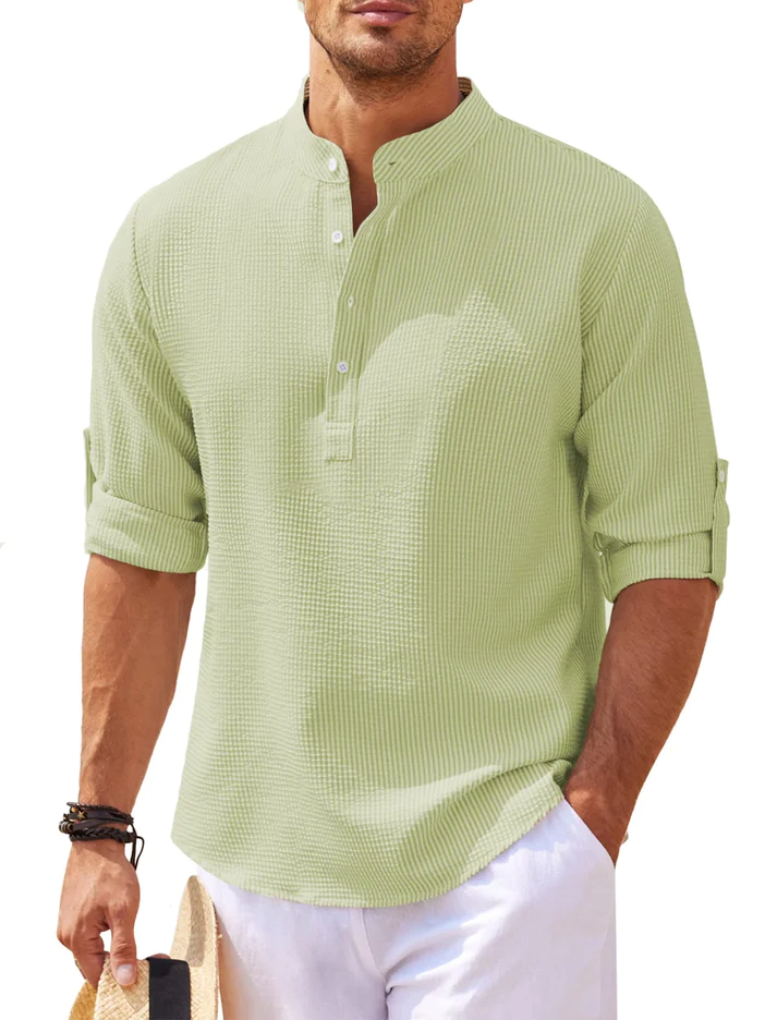 Modern men's urban style casual long sleeve shirt with refined details, a fashionable and comfortable button-up top.