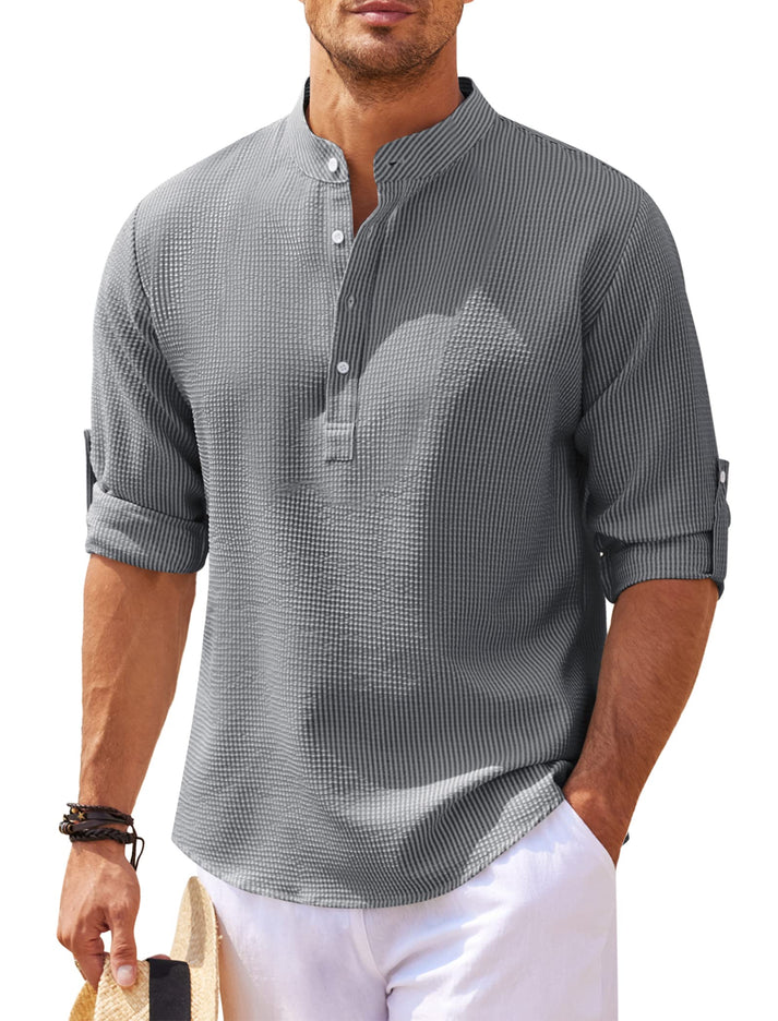 Well-fitted men's casual long sleeve shirt in an urban style, a comfortable and stylish button-up top for menswear.