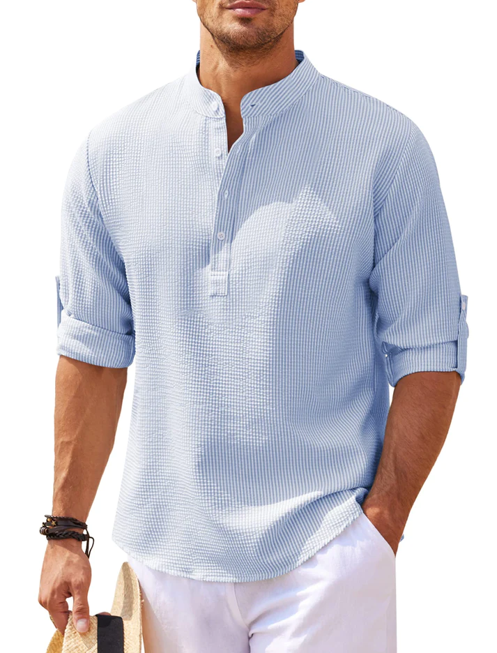 Close-up of comfortable men's casual button-up urban style shirt fabric, ideal for stylish everyday fashion.