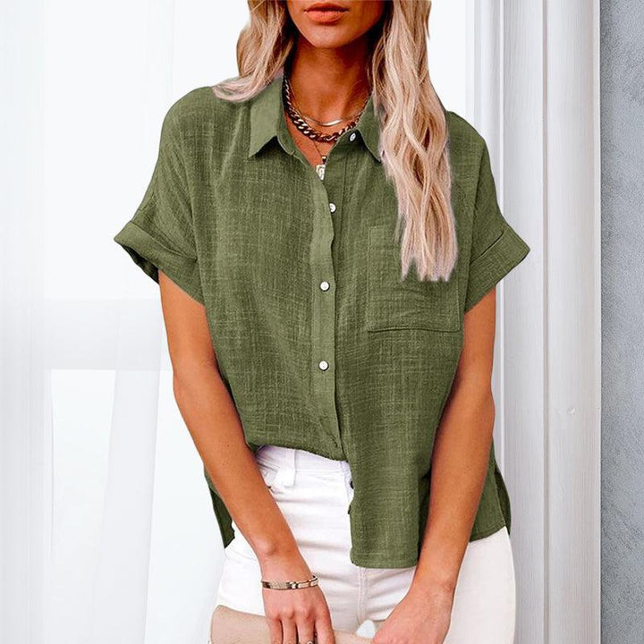 Women's cozy textured button-up blouse, perfect for everyday comfort and effortless casual style.