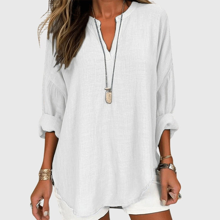 Comfortable women's long sleeve V-neck tunic, ideal for everyday style & relaxed casual outfits.