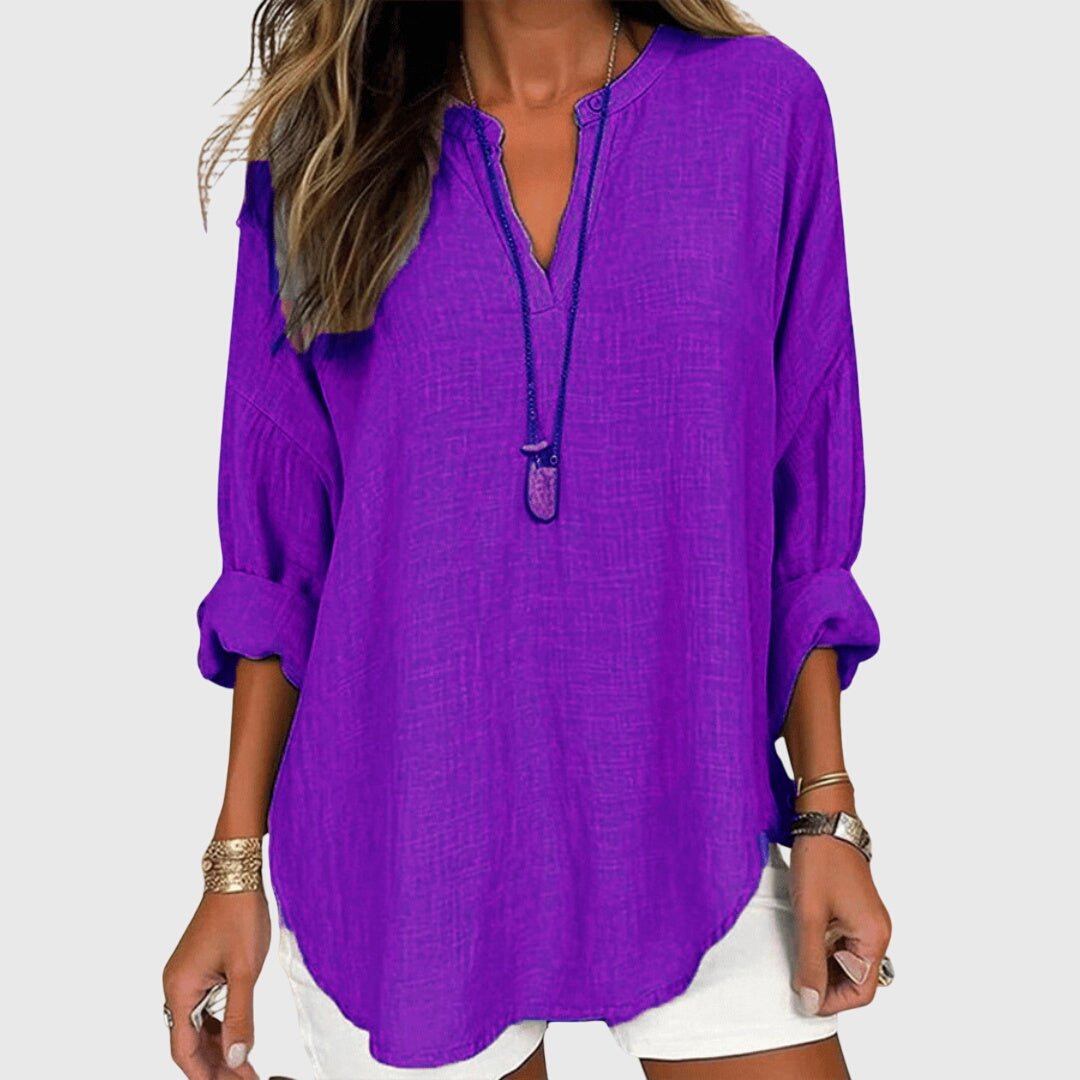 Women's relaxed fit V-neck tunic shirt, long sleeves, perfect for casual comfort & versatile fashion.