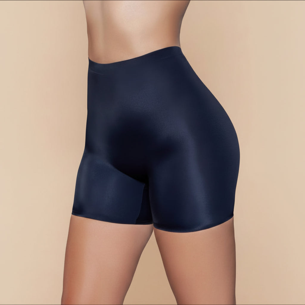 Women's navy high-waist shaping bike shorts, seamless and comfortable for activewear or layering.