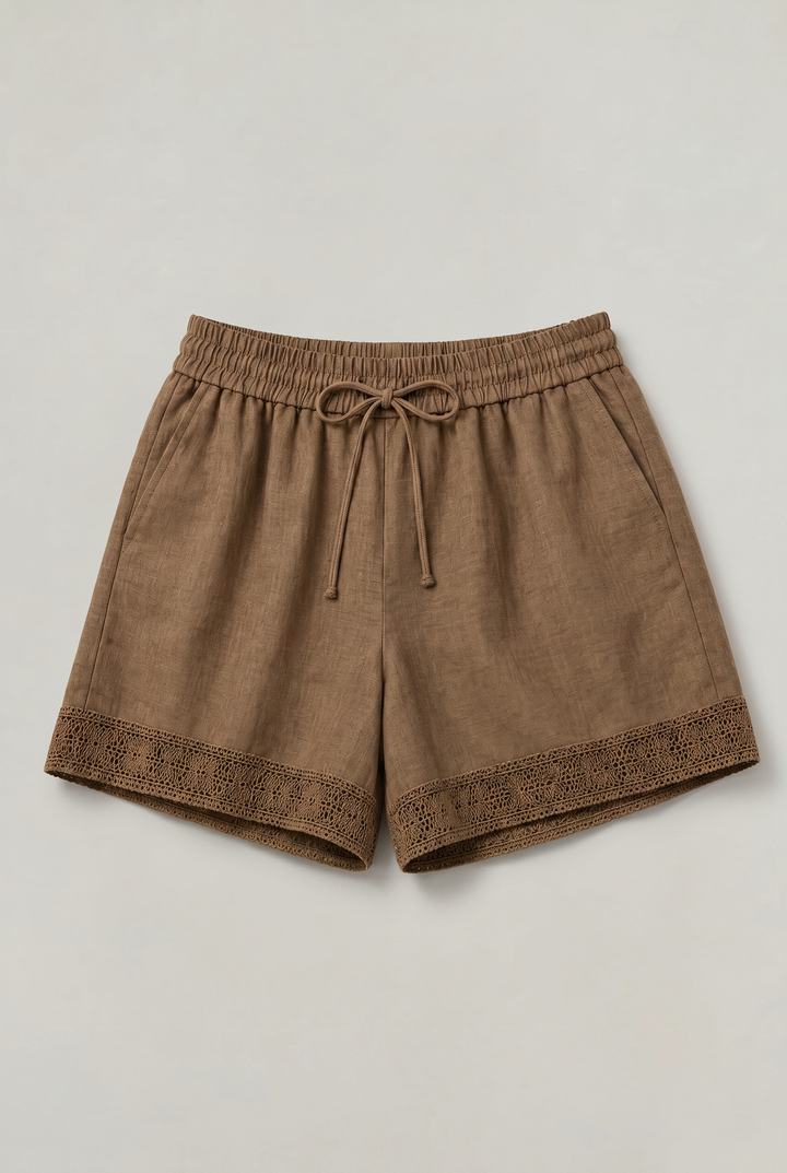Women's comfortable summer shorts: breathable linen fabric, drawstring waist, and chic crochet accents. Relaxed style.
