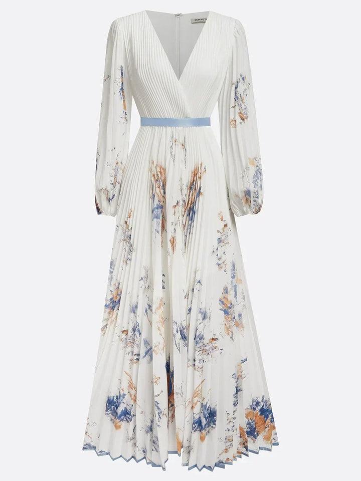 Lightweight white floral maxi dress, women's V-neck with puff sleeves, a chic choice for summer events.