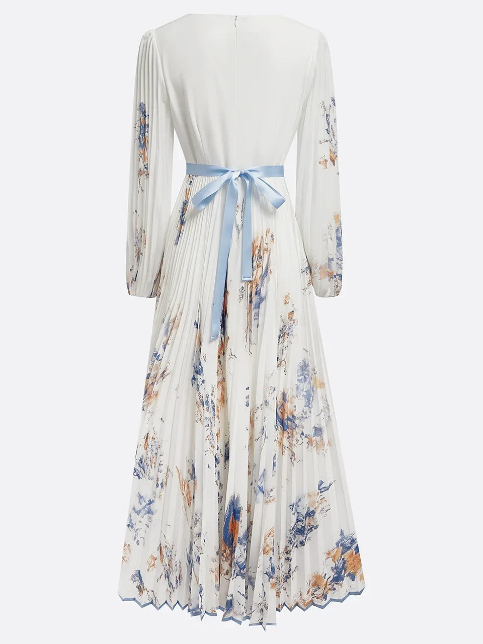Stylish women's white V-neck floral maxi dress with elegant puff sleeves, great for formal spring wear.