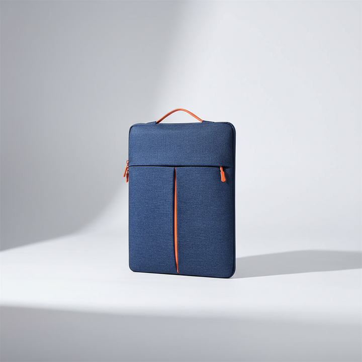 Dark blue padded computer bag, slim travel accessory for 11-16 inch laptops & tech gear.