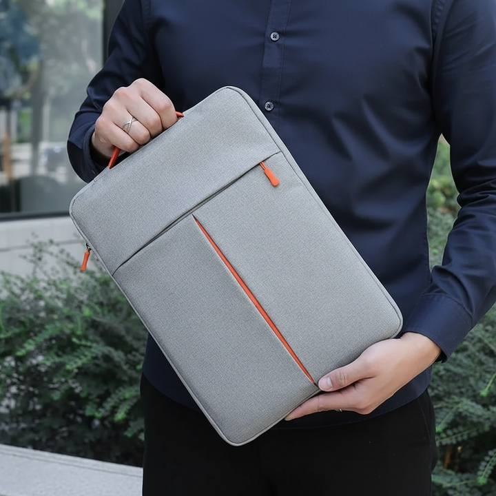 Grey striped padded laptop sleeve, slim design for 11-16 inch devices, essential tech gear.