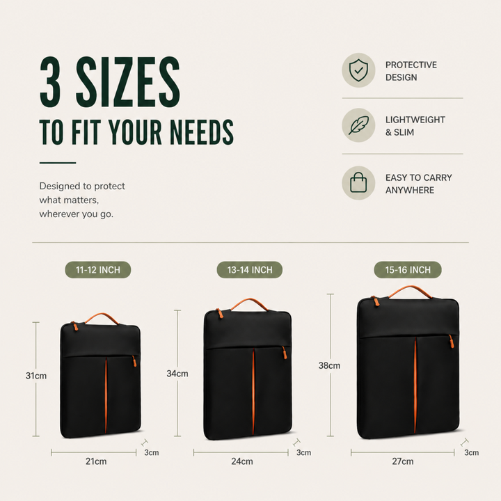 Secure black padded laptop sleeve, slim computer bag for 11-16 inch devices, shockproof.