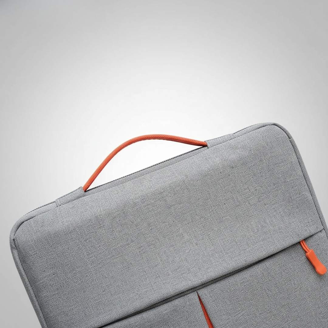 Striped grey padded laptop sleeve, unisex & slim, offers device protection for 11-16 inch laptops.