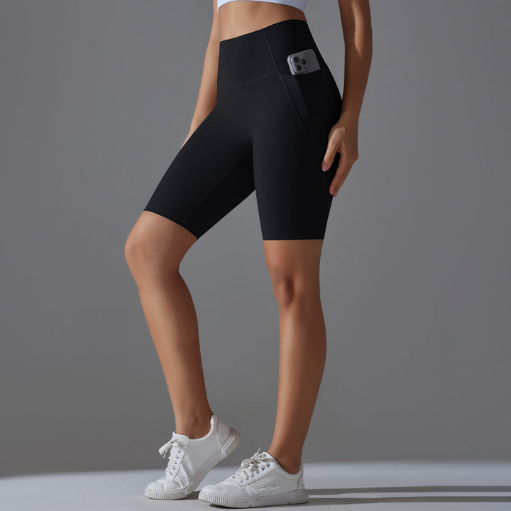 Premium high-waisted women's workout shorts with functional pockets, sleek design.
