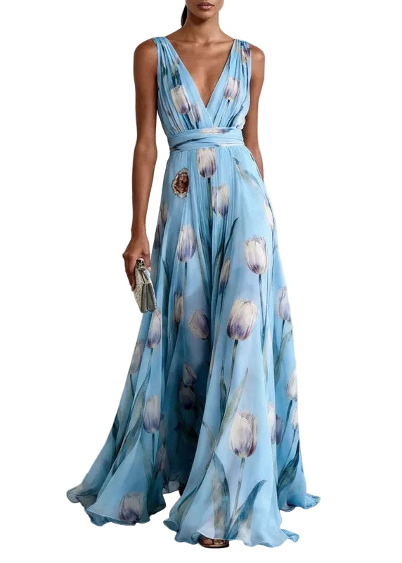 Elegant floral V-neck A-line maxi dress for women, perfect for races, garden parties & summer events.