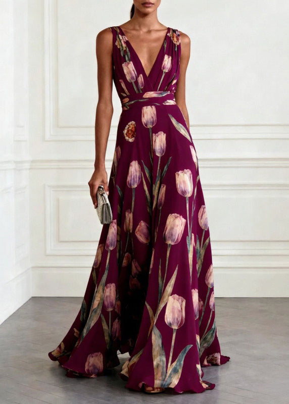 Graceful women's floral maxi dress, V-neck A-line, ideal occasion wear for elegant races & evening events.