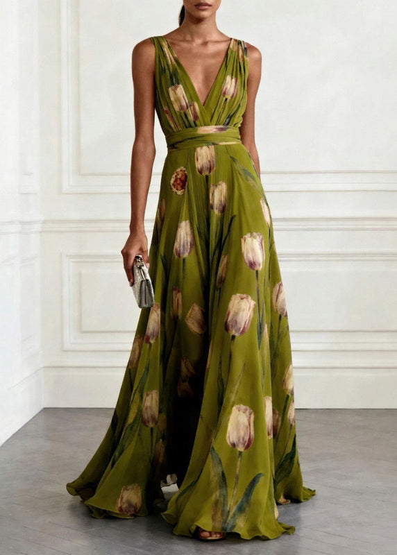 Stylish women's summer floral maxi dress, V-neck A-line cut, great for garden parties & special occasions.