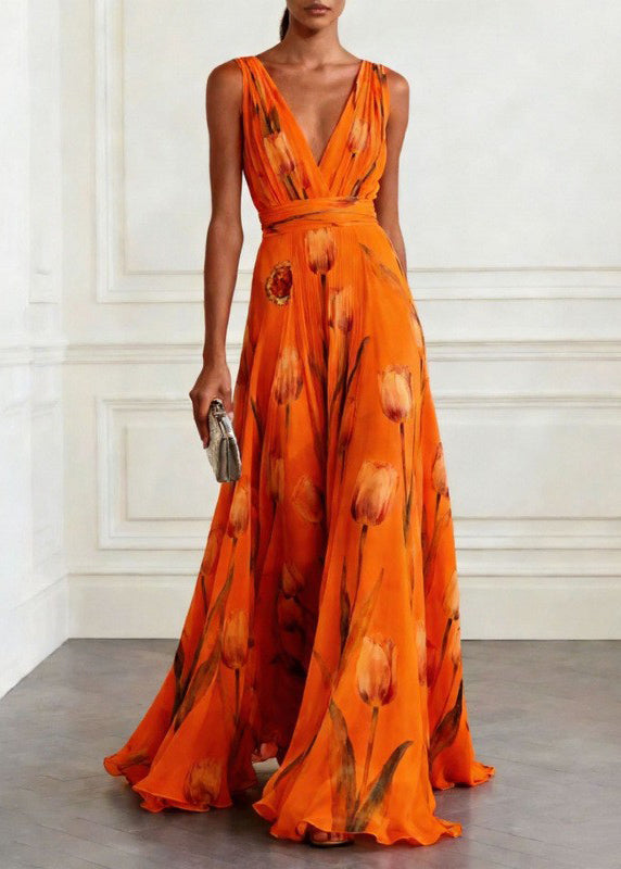 Beautiful floral print maxi dress for women, elegant V-neck A-line style, perfect for races & events.