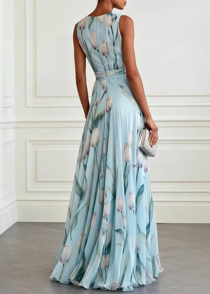Chic women's floral occasion maxi dress, V-neck A-line silhouette, suitable for evening & summer gatherings.