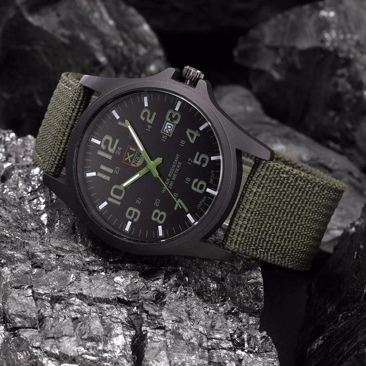Rugged men's military watch, black nylon strap, luminous dial, perfect for outdoor adventure.