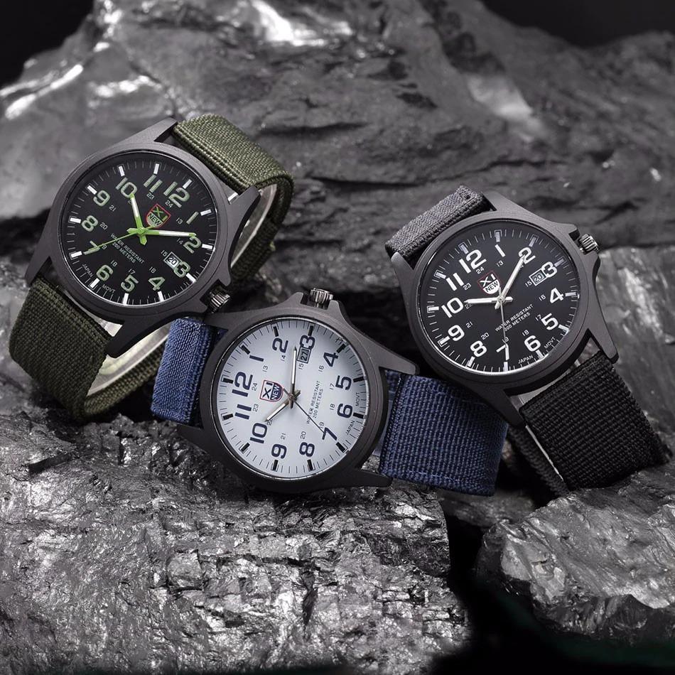 Men's durable military watch, illuminated dial, quartz movement, stainless steel case.