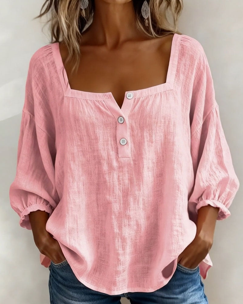 Women's cosy linen shirt, square neck, elegant balloon sleeves. Perfect for chic summer style & comfort.