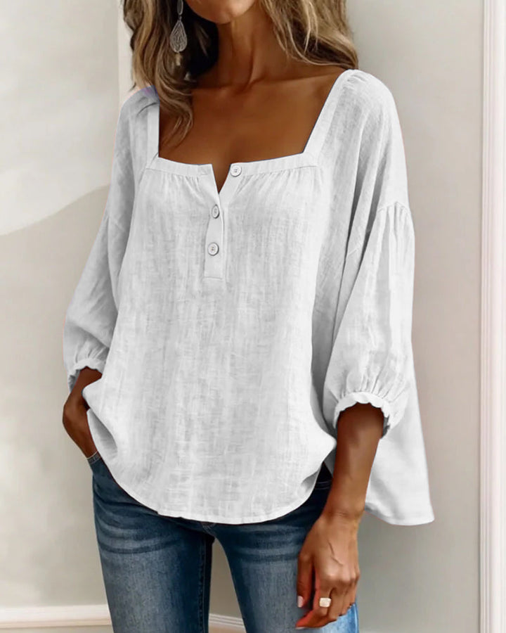 Versatile women's linen shirt, square neck, elegant balloon sleeves. Perfect for spring, summer, casual or dressed up.