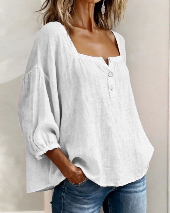 Women's relaxed fit linen shirt, square neck, stylish balloon sleeves. Comfortable & chic for any casual occasion.