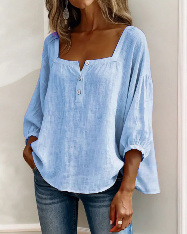 Feminine women's linen blouse, square neck, graceful balloon sleeves. An elegant choice for summer and spring.