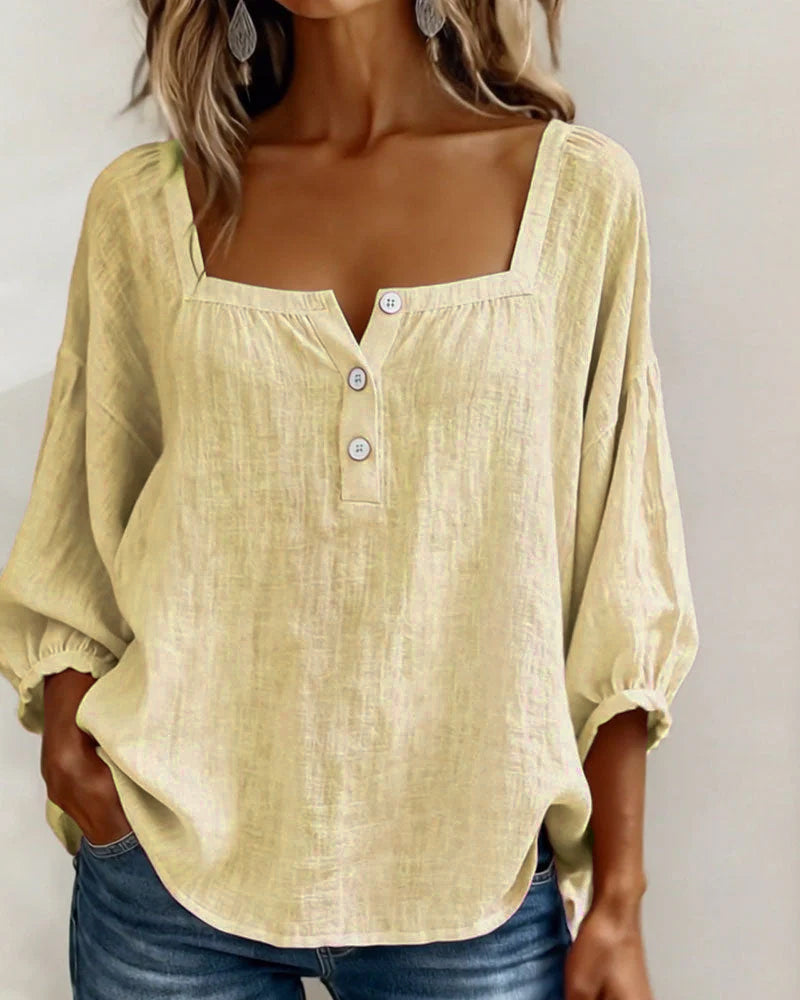 Women's linen top with square neck & elegant balloon sleeves. Perfect for stylish, relaxed spring & summer outfits.