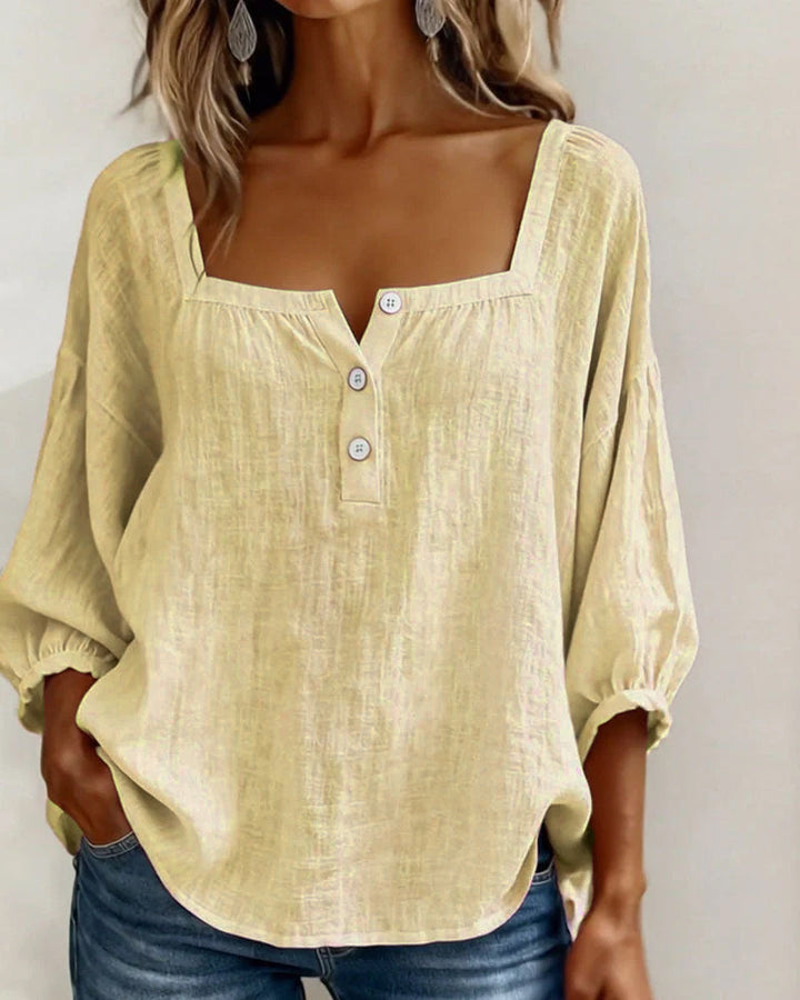 Women's linen top with square neck & elegant balloon sleeves. Perfect for stylish, relaxed spring & summer outfits.