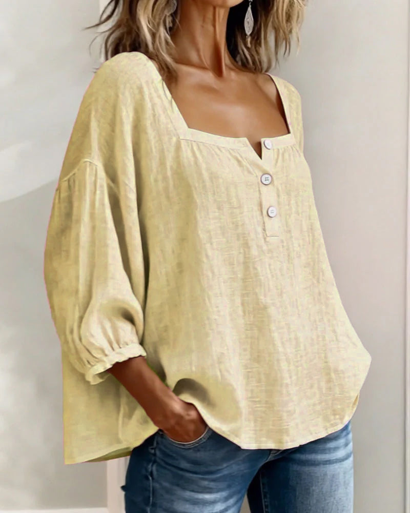 Effortless women's linen shirt, square neck, fashionable balloon sleeves. Casual, comfortable, and always chic.
