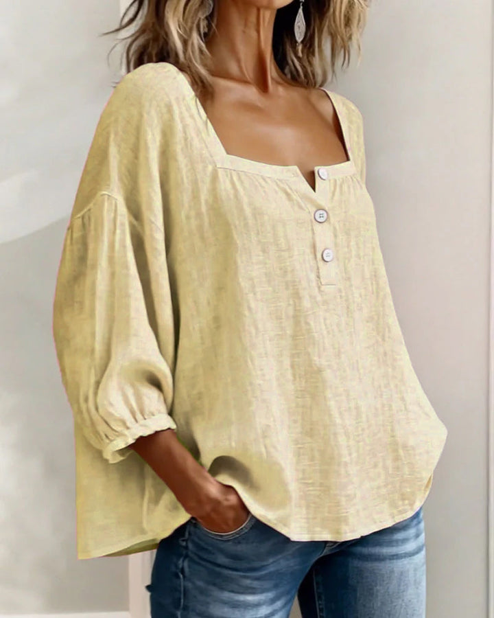 Effortless women's linen shirt, square neck, fashionable balloon sleeves. Casual, comfortable, and always chic.