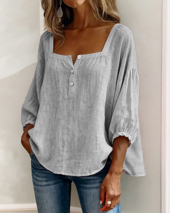 Women's casual linen blouse, square neck, comfy balloon sleeves. A chic choice for everyday spring & summer wear.