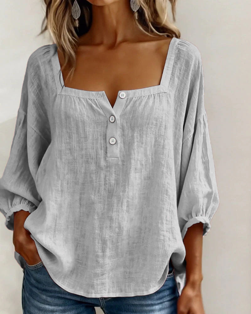 Elegant women's linen shirt, square neck, sophisticated balloon sleeves. Perfect for a refined yet relaxed look.