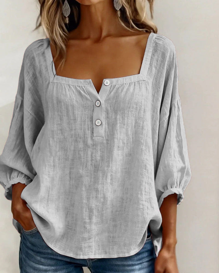 Elegant women's linen shirt, square neck, sophisticated balloon sleeves. Perfect for a refined yet relaxed look.