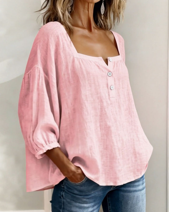 Women's breathable linen shirt, square neck, relaxed balloon sleeves. Chic & comfortable for spring/summer outings.
