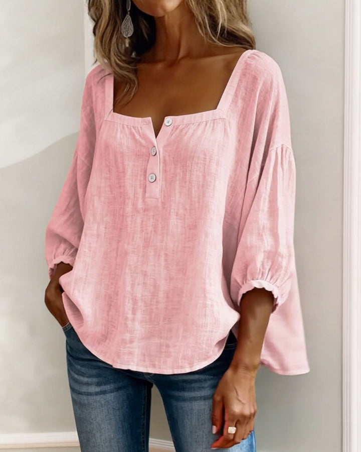 Everyday women's linen shirt, square neck, comfy balloon sleeves. Great for casual comfort & elegant style.