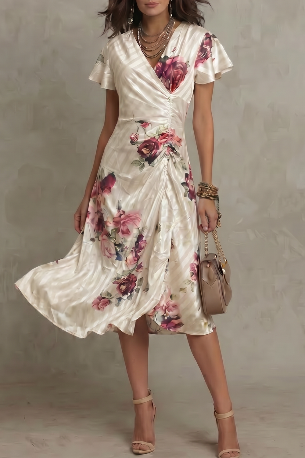 Women's ivory floral wrap cocktail midi dress. Elegant and flowy, perfect for parties or wedding guests.