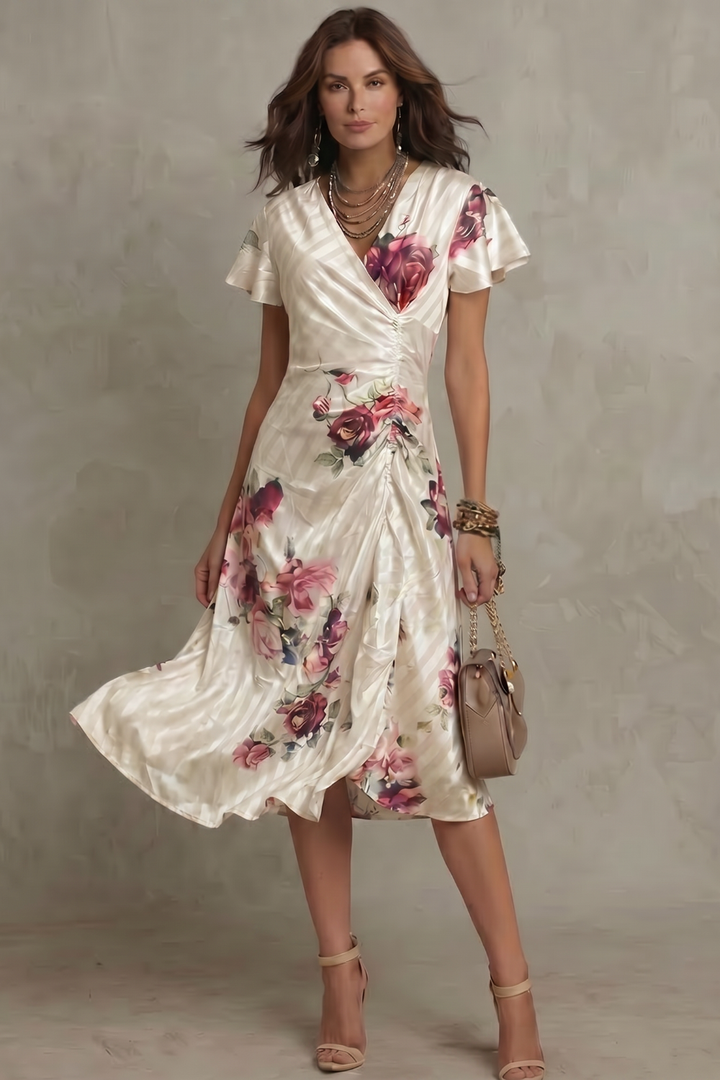Elegant women's ivory floral wrap midi cocktail dress, showcasing delicate blooms and a flattering silhouette.