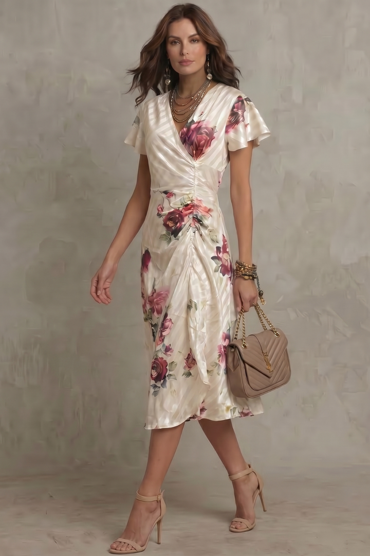 Effortless women's wrap midi cocktail dress in ivory floral. Flowy silhouette, ideal for a party or wedding guest.