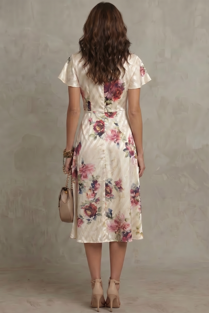 Stylish women's ivory floral wrap midi dress, perfect as an elegant cocktail, party, or wedding guest outfit.