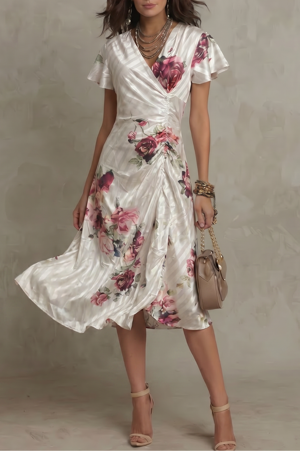 Flowy women's ivory floral wrap midi cocktail dress with graceful details. An elegant choice for any special occasion.