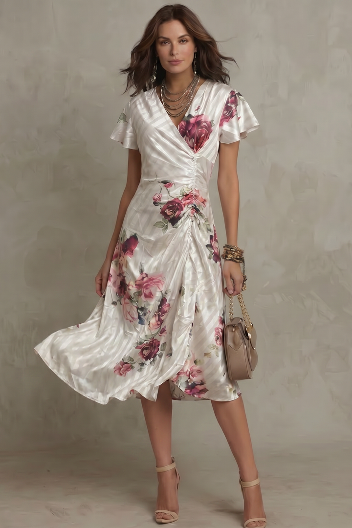 Chic women's ivory floral wrap midi dress. Effortless style for a comfortable yet elegant cocktail or party look.