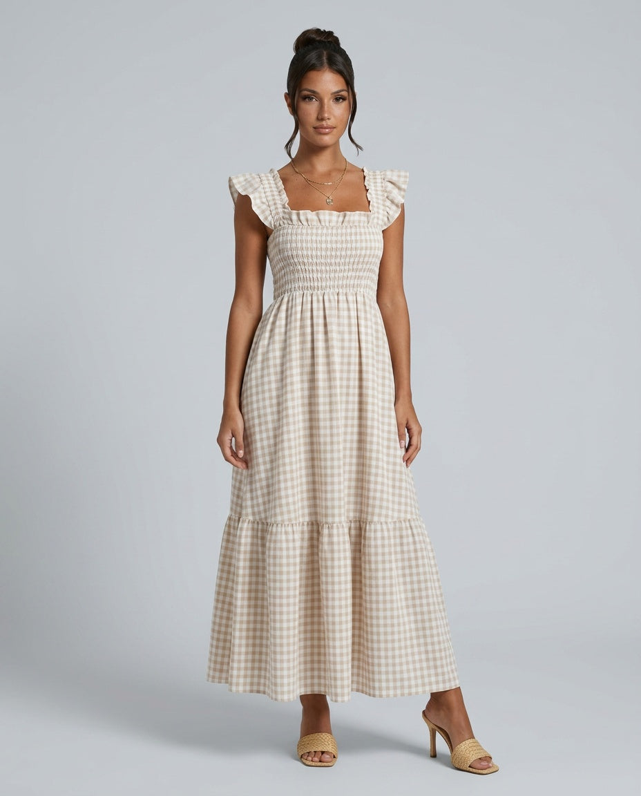 Women's Refined Maxi Gingham Dress with Smocked Ruffle Sleeves, perfect for summer elegance.