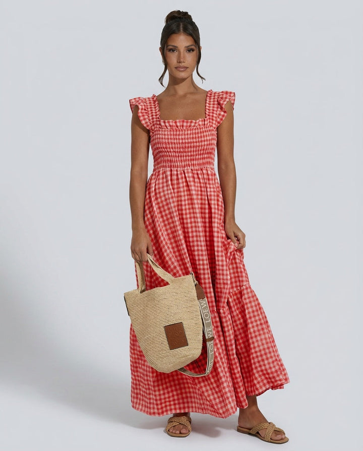 Women's Gingham Maxi Dress with Smocked Ruffle Sleeves. Perfect for casual or elegant summer looks.