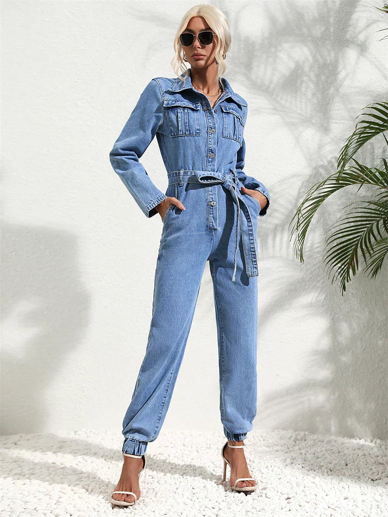 Elysia | Women's Collared Long Sleeve Jumpsuit - Blue - Image 2