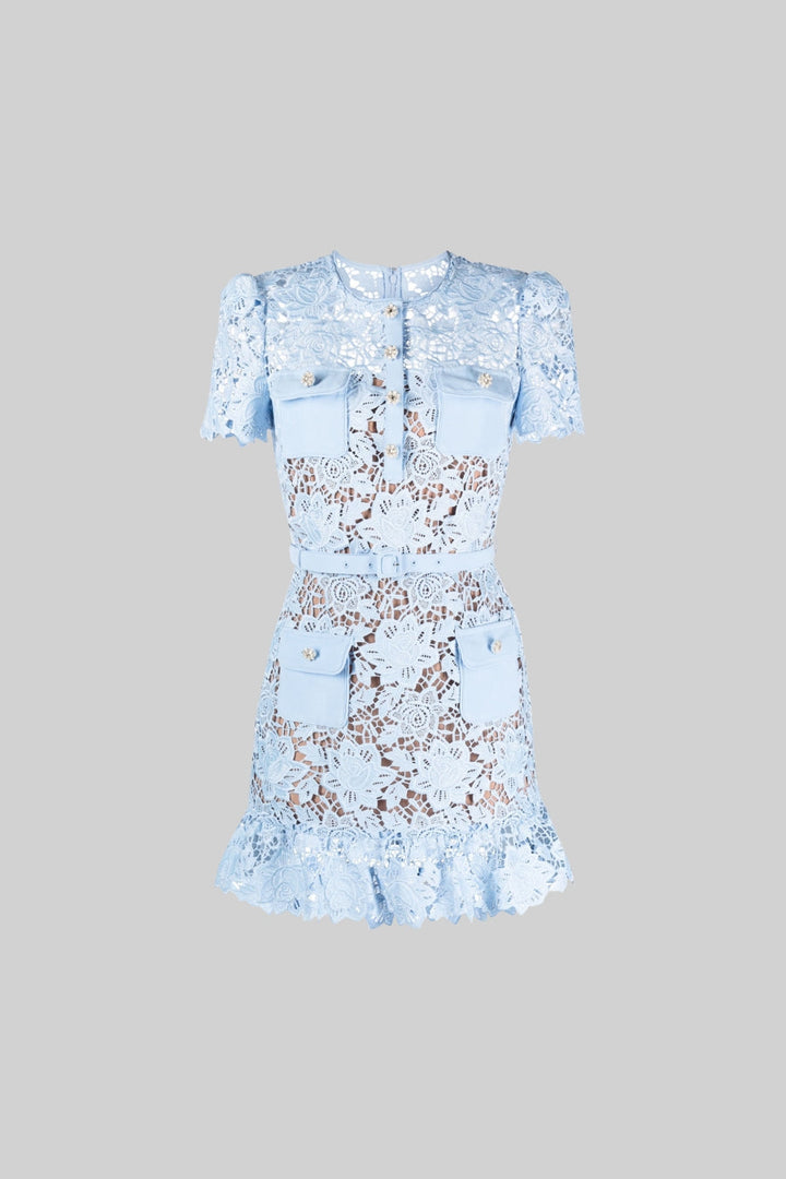 Soft women's short sleeve summer mini dress with delicate floral embroidery & a stylish waist belt.