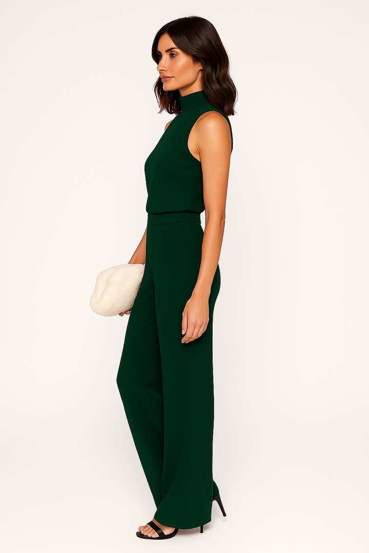 Chic emerald green party jumpsuit featuring a flattering wide leg and sleeveless mock neck design.