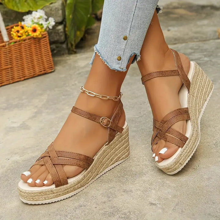 Stylish women's strappy espadrille wedge platform sandals, ideal for summer outfits and holiday fashion.