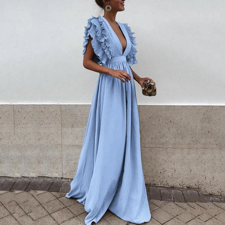 Elegant women's ruffle deep V-neck maxi formal dress for evening, party, or wedding guest. Sophisticated black tie gown.